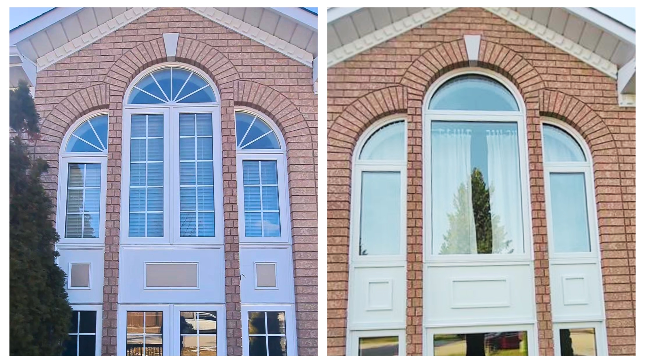 Brick home with window grilles and after updating without window grilles.