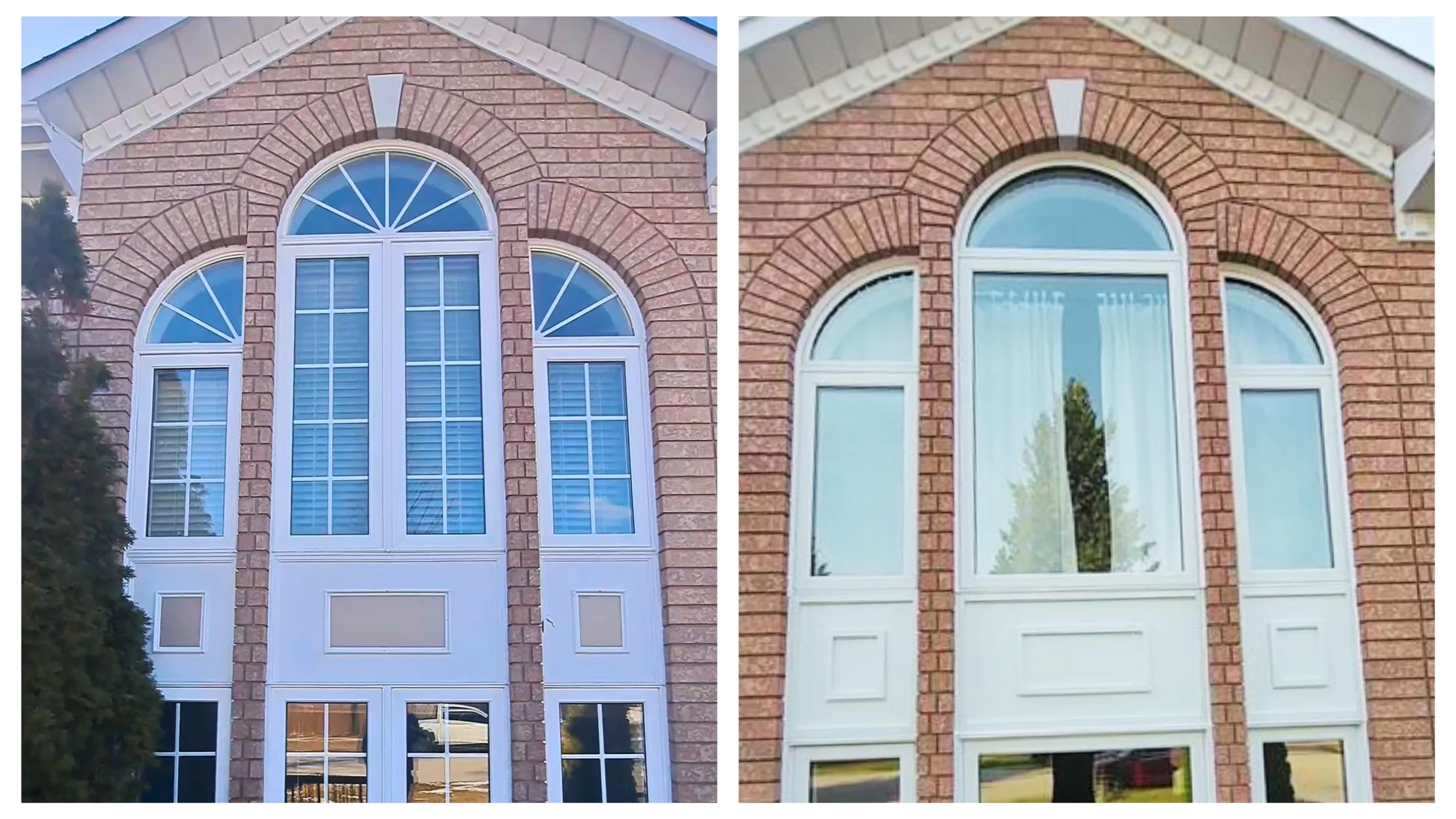 Brick home with window grilles and after updating without window grilles.