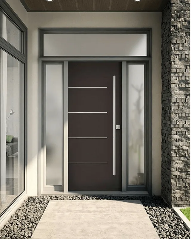 Exterior door with two sidelites and transom window in steel frame, modern design